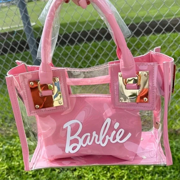 Barbie Pink Clear Tote Gold Hardware transparent nwts - Picture 3 of 12